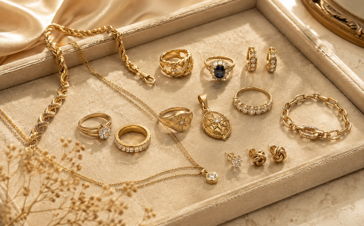 A curated arrangement of vintage and estate gold jewelry inside a cream velvet tray