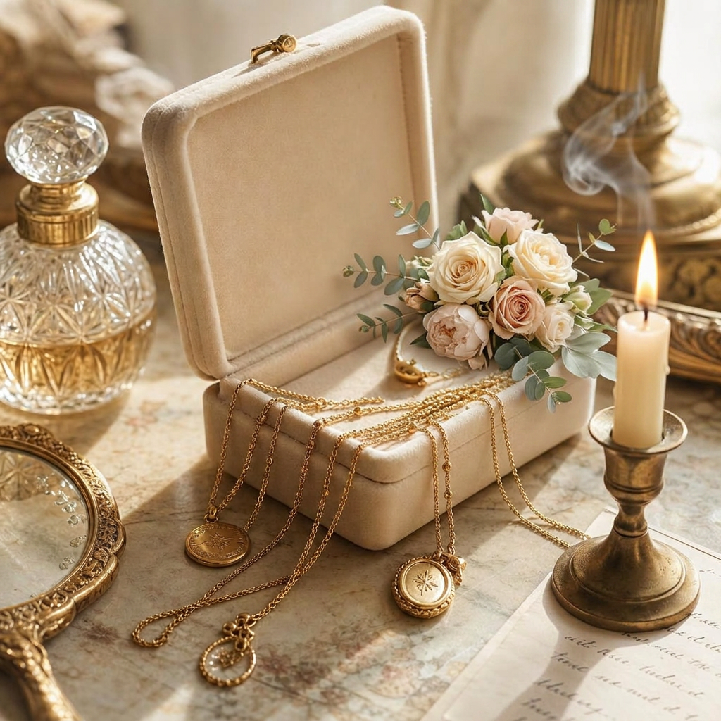 Golden Muse atelier scene with dainty gold jewelry