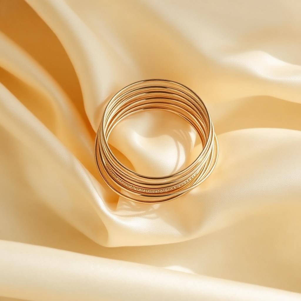 Stack of gold bangles on silk