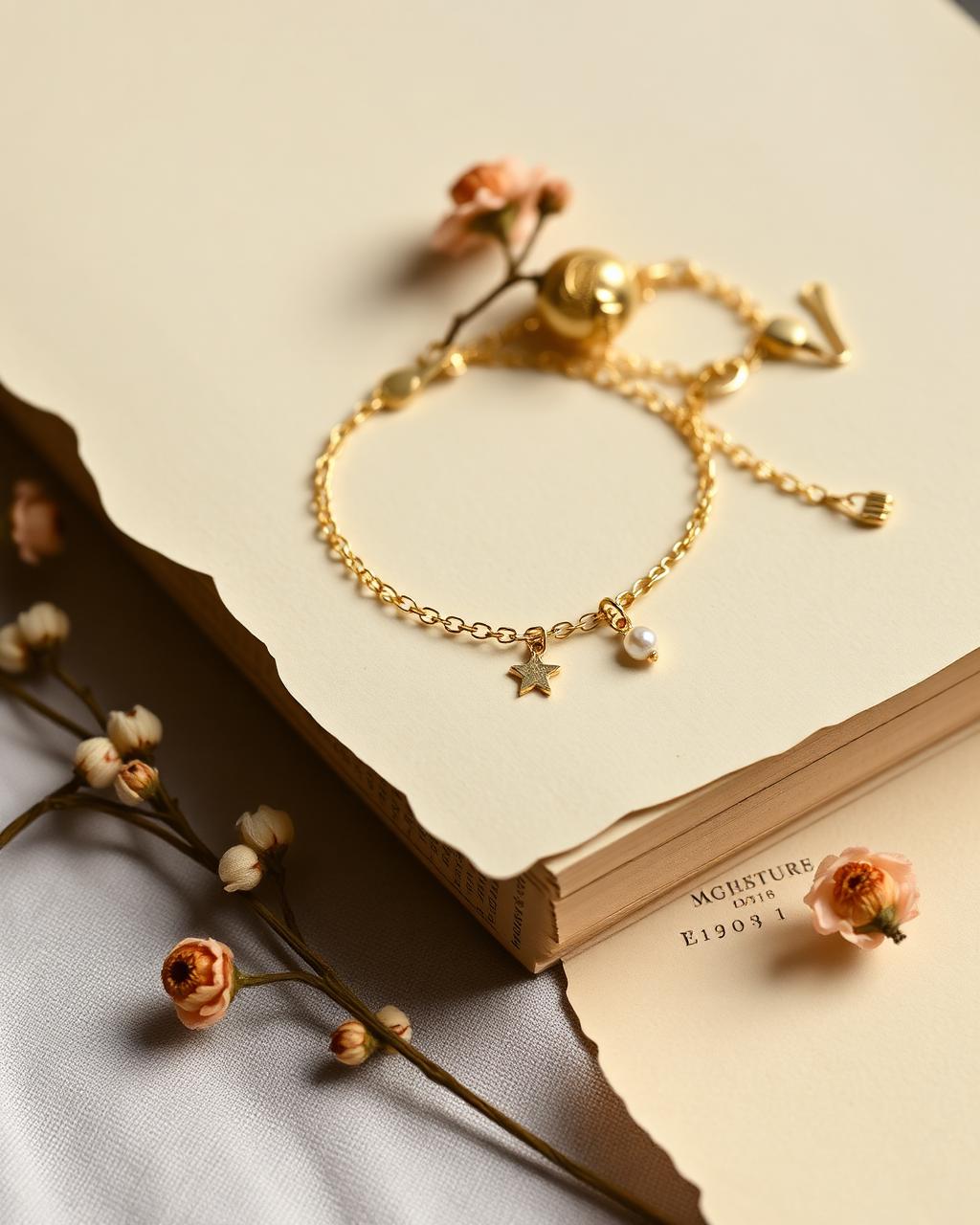 Gold charm bracelet with star and pearl