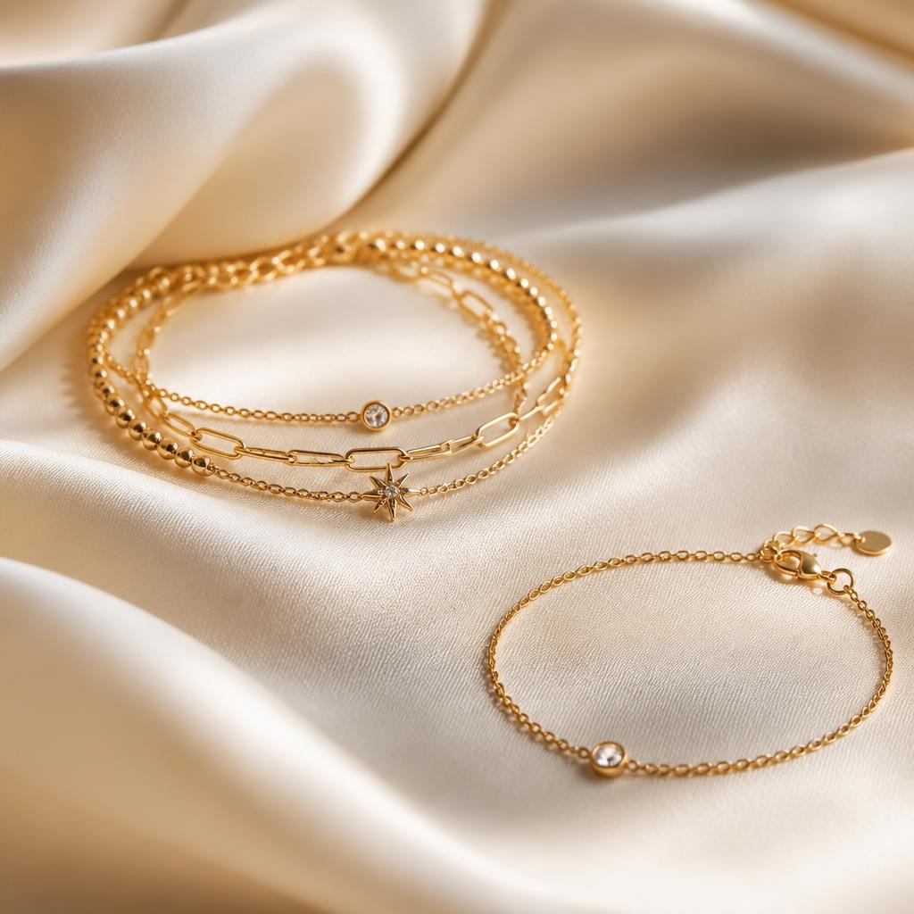 Stacked dainty gold bracelets on cream silk